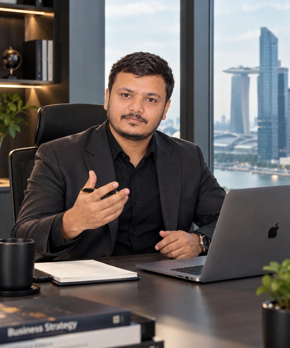 Anurag Kumar Verma in a charcoal blazer discussing strategy at his office desk